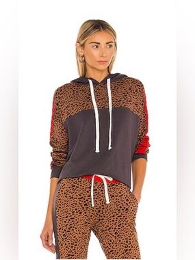 Monrow Brown Leopard-Panel Hoodie with Black and Red Accents